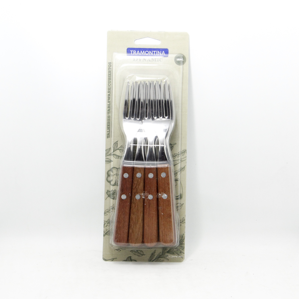 TENEDOR TRAMONTINA X 12 UNIDADES MANGO MADERA EN BLISTER